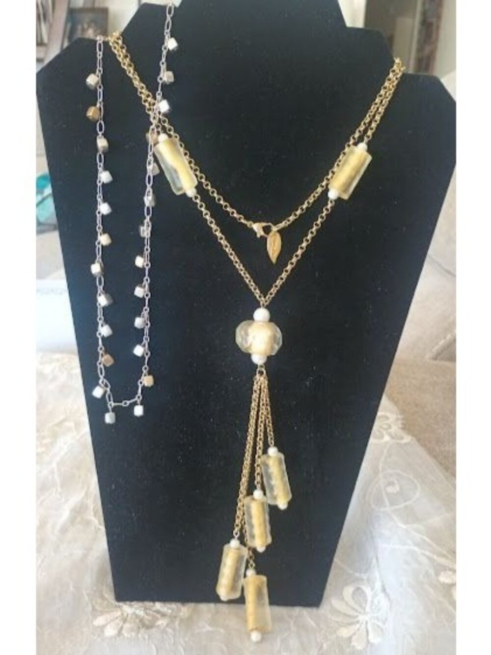 2 Coldwater Creek Silver & Goldtone Necklaces With Gold Colored Beads & Tassle - Picture 2 of 13